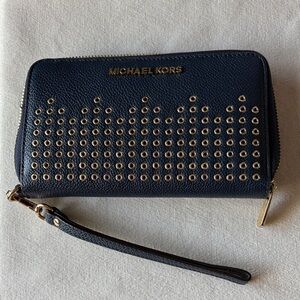 Michael Kors Navy and Gold Eyelet Wristlet
